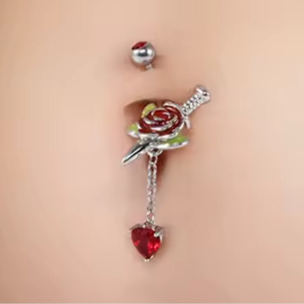 Silver and Red Rose Dagger Heart Belly Ring New